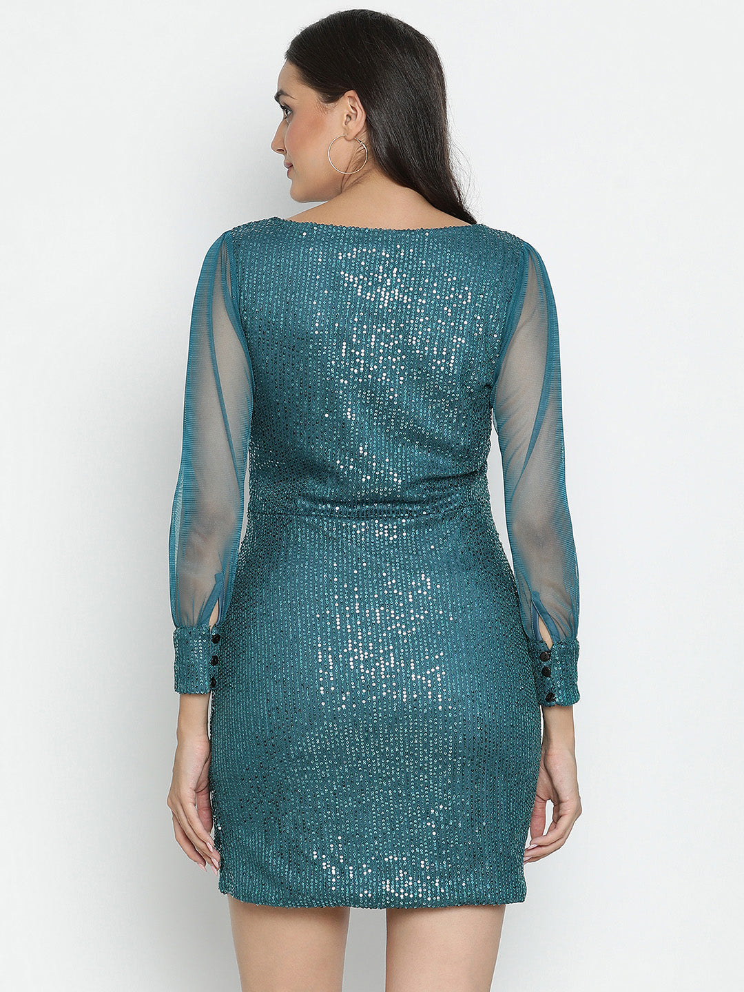 DRAAX FASHIONS Womens Round Neck Full Sleeves Blue Sequin Mini Dress