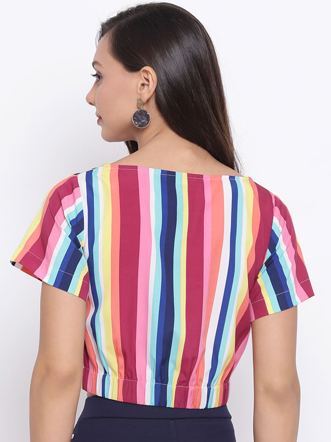 Crop Top,Multicolor Top,Crop Top,Round Neck Top,Short Sleeves Top,Multi Striped Top