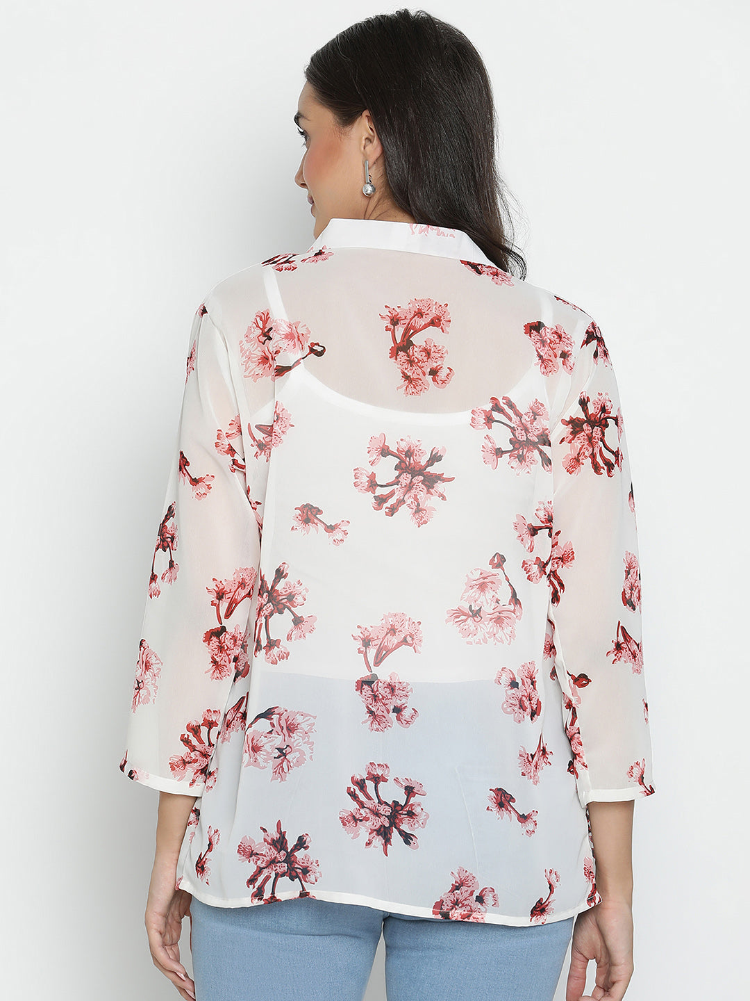 DRAAX FASHIONS Womens White Floral Full Sleeves Long Shrug