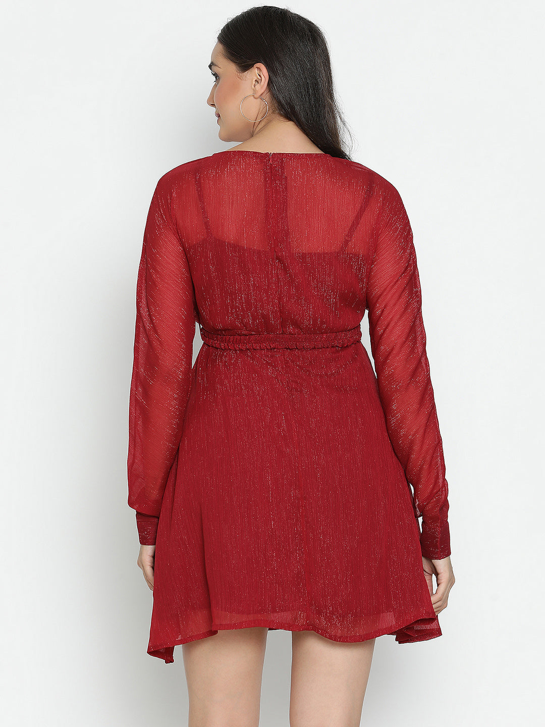 DRAAX FASHIONS Womens Long Sleeve V-Neck Red Dress