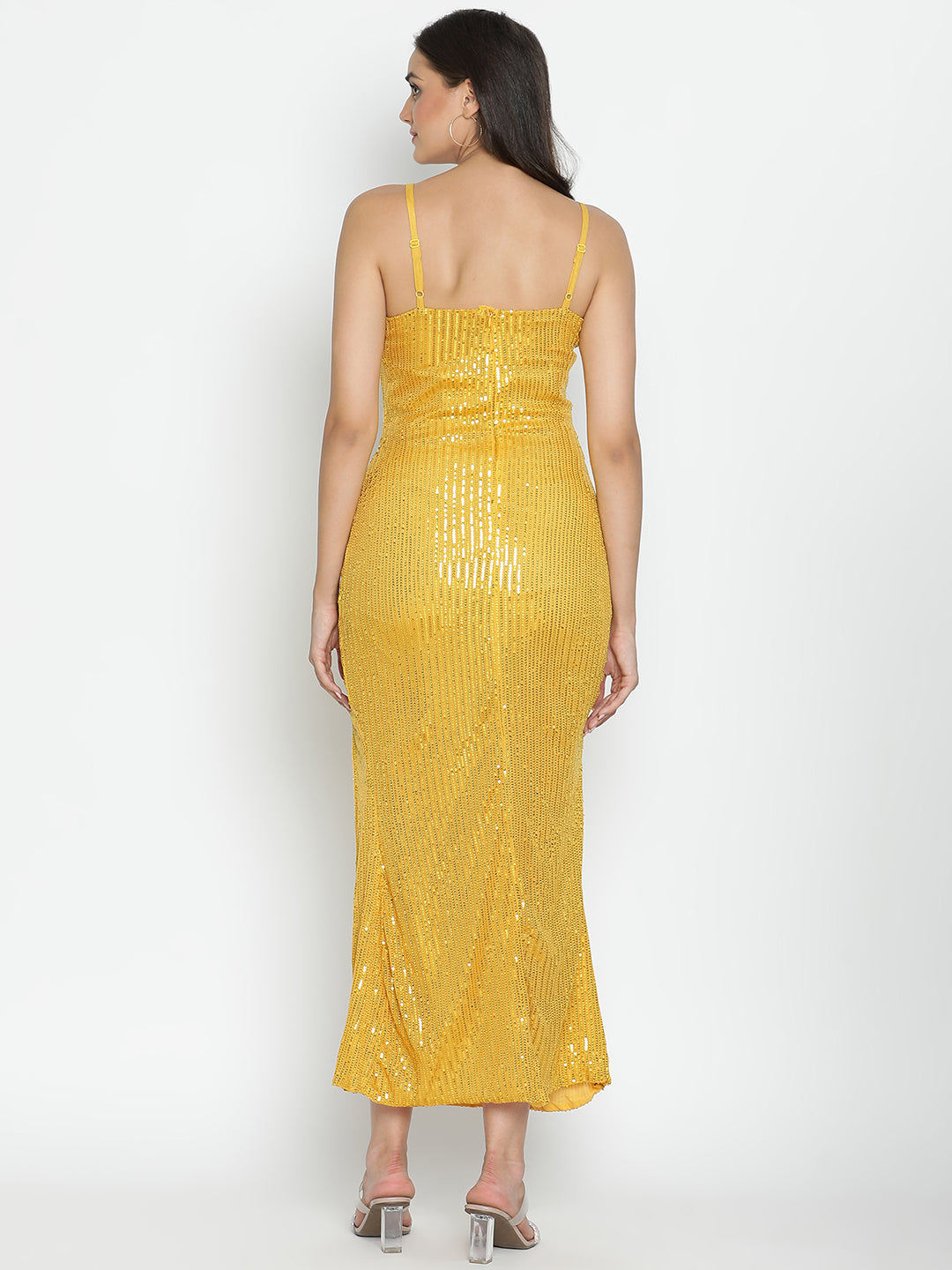 DRAAX FASHIONS Womens Sleeveless Side Slit Golden Sequin Gown Dress