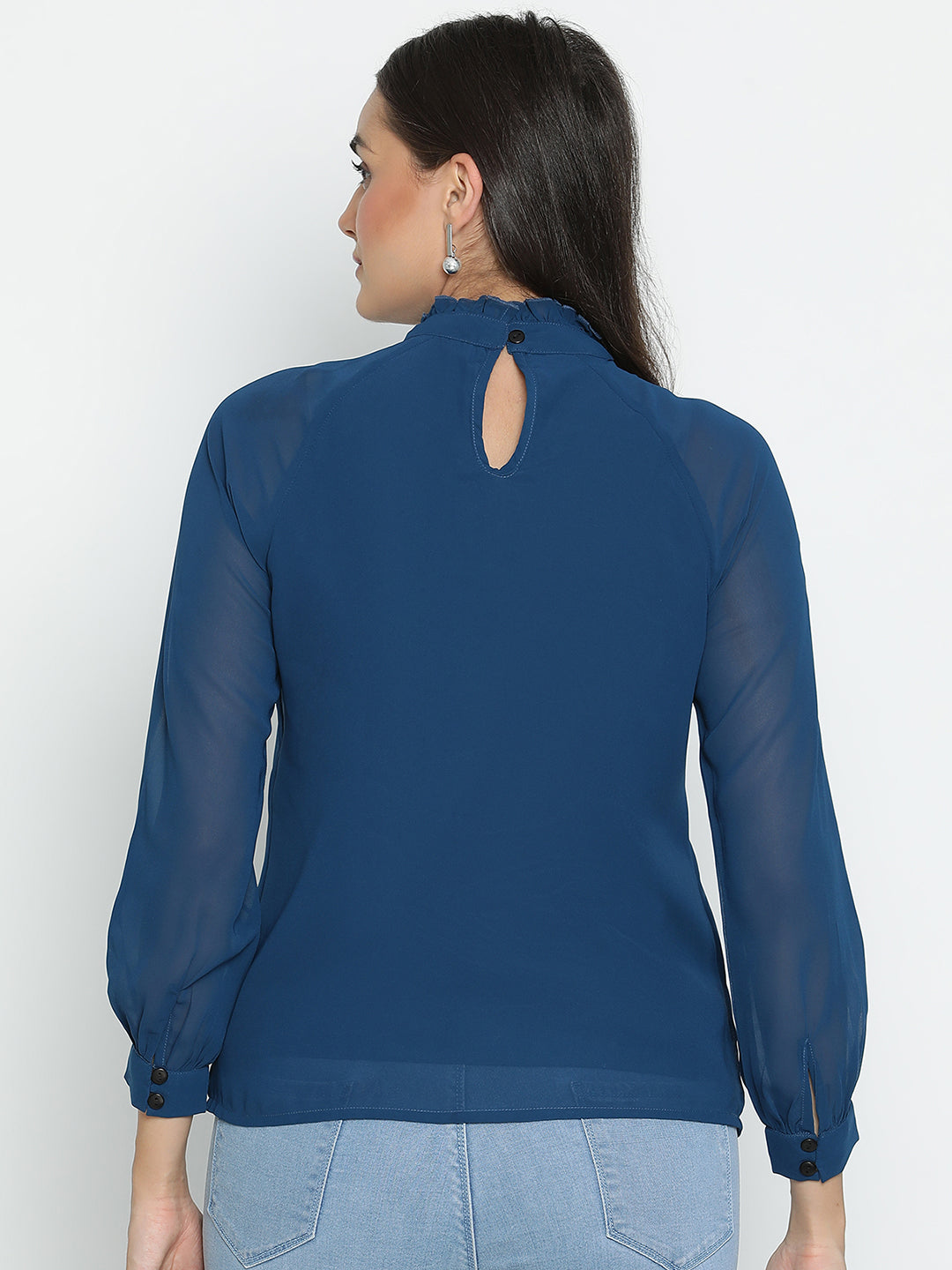 DRAAX FASHIONS महिलाओं के लिए नीला गोल नेक फुल स्लीव्स टॉप