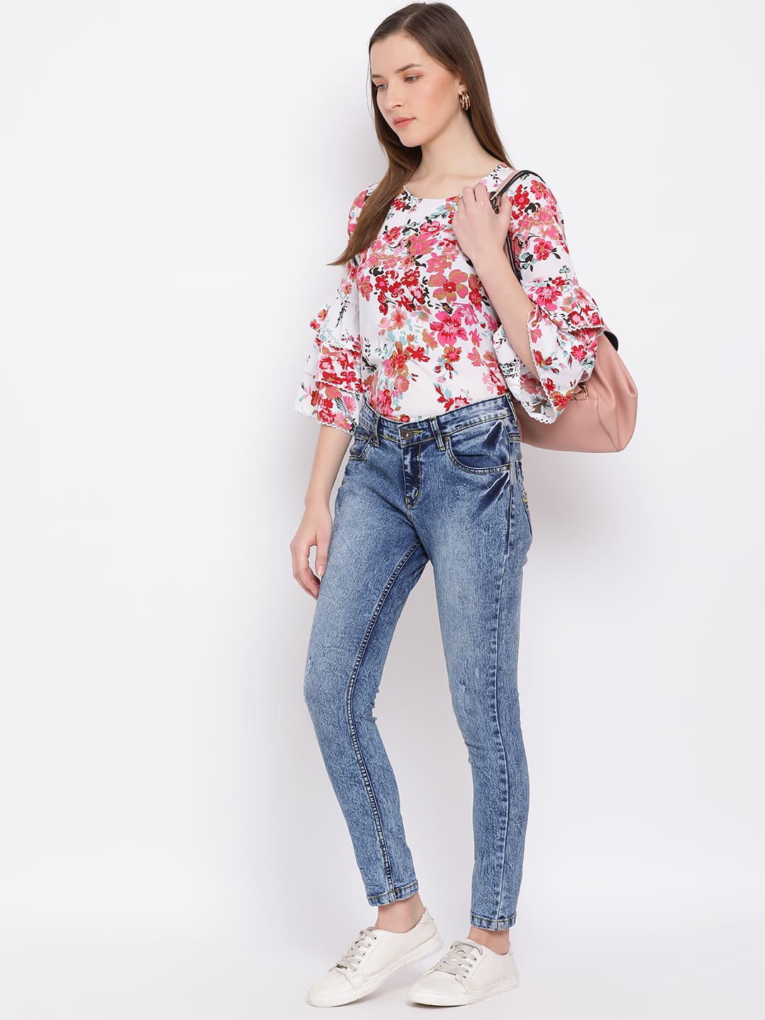 Regular,Multicolor Top,Regular Top,Round Neck Top,Quater Sleeves Top,Multi Floral Print Top