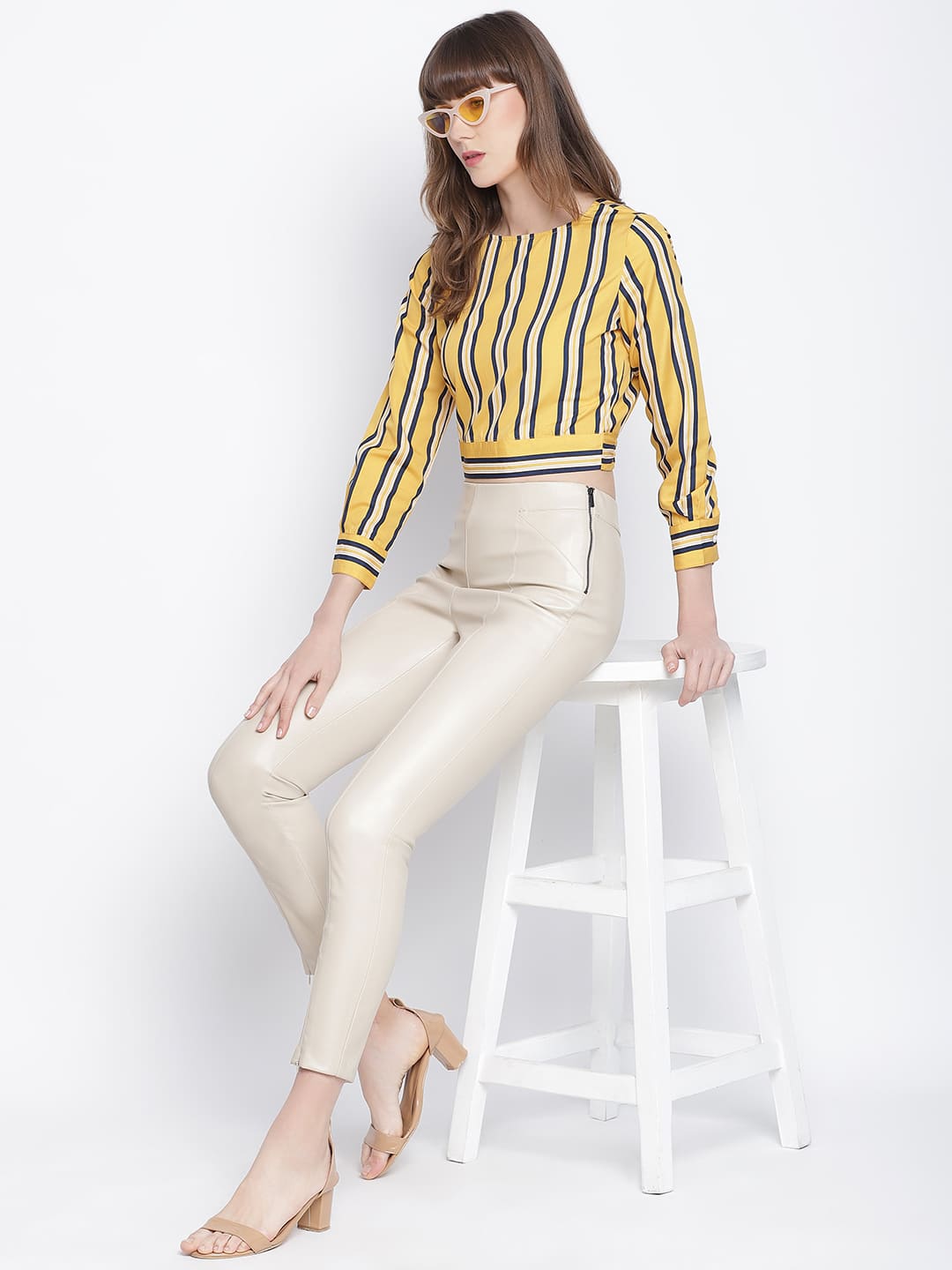 Crop Top,Yellow Top,Crop Top,Round Neck Top,Full Sleeves Top,Yellow Srtipe Top