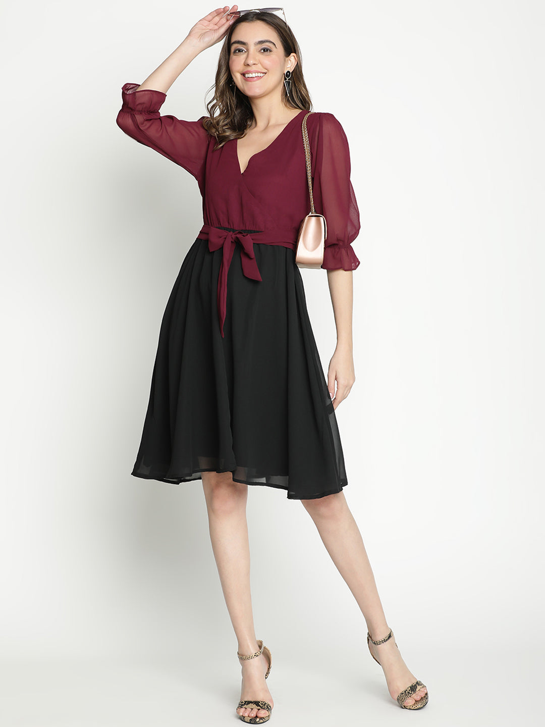 Knee Length,Multicolor Dress,Knee Length Dress,V-Neck Dress,Quater Sleeves Dress,Multi Solid Dress