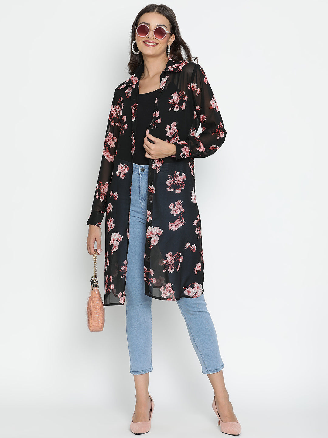 DRAAX FASHIONS महिलाओं के लिए काला फ्लोरल लॉन्ग श्रग