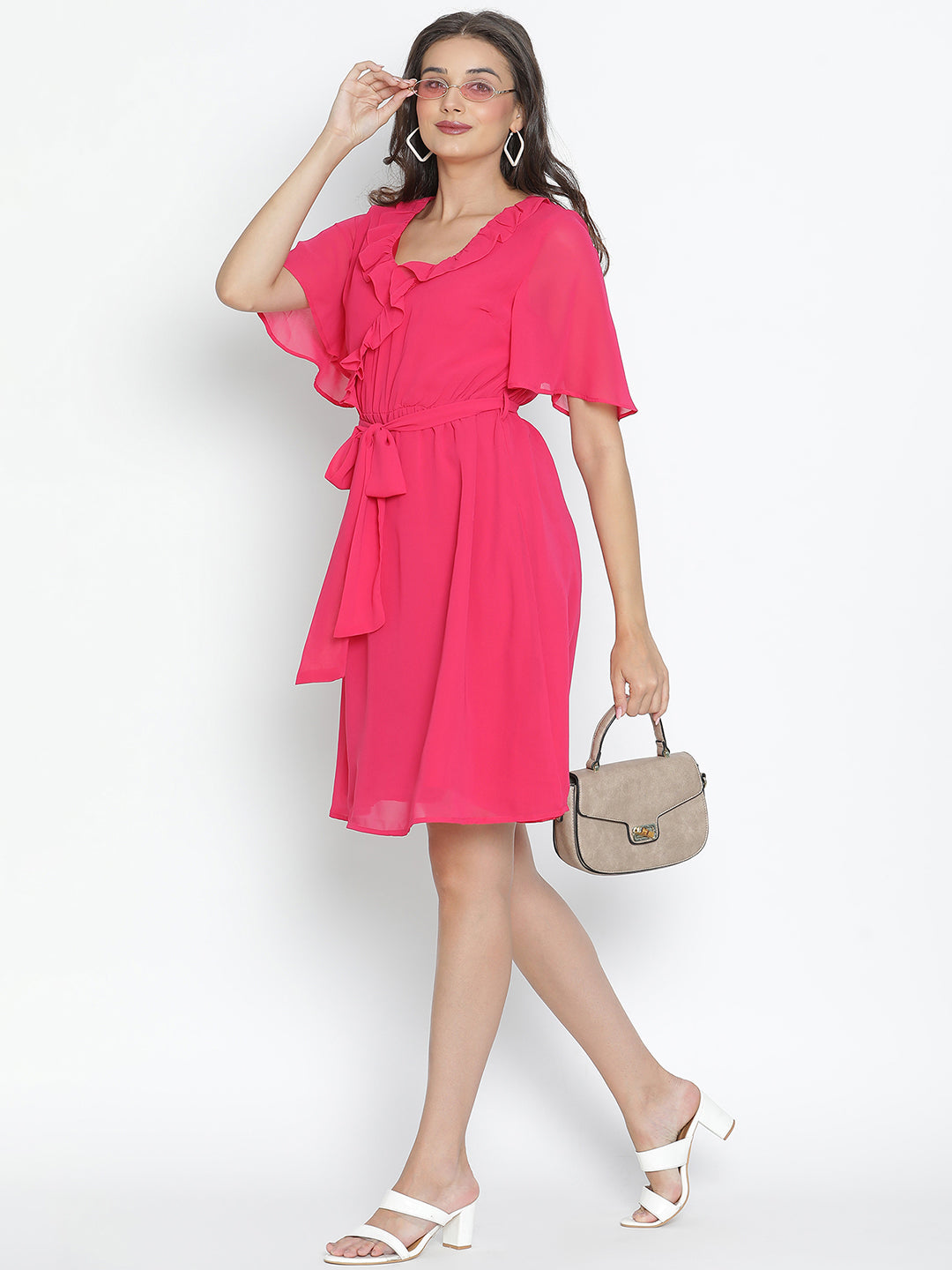 DRAAX FASHIONS Womens Front Tie V-Neck Pink Knee Length Dress