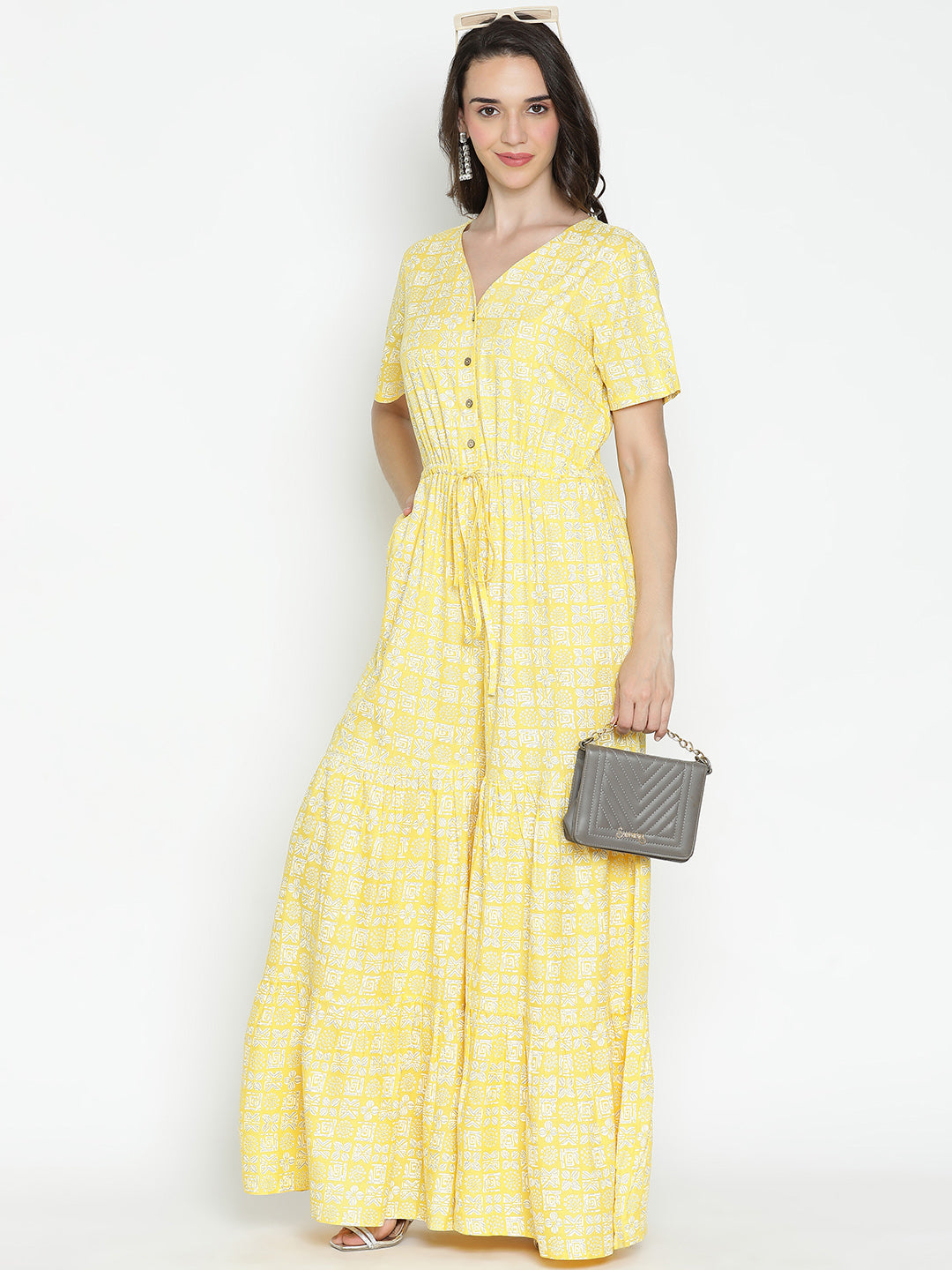 DRAAX FASHIONS Womens Yellow Printed Short Sleeves Jumpsuit
