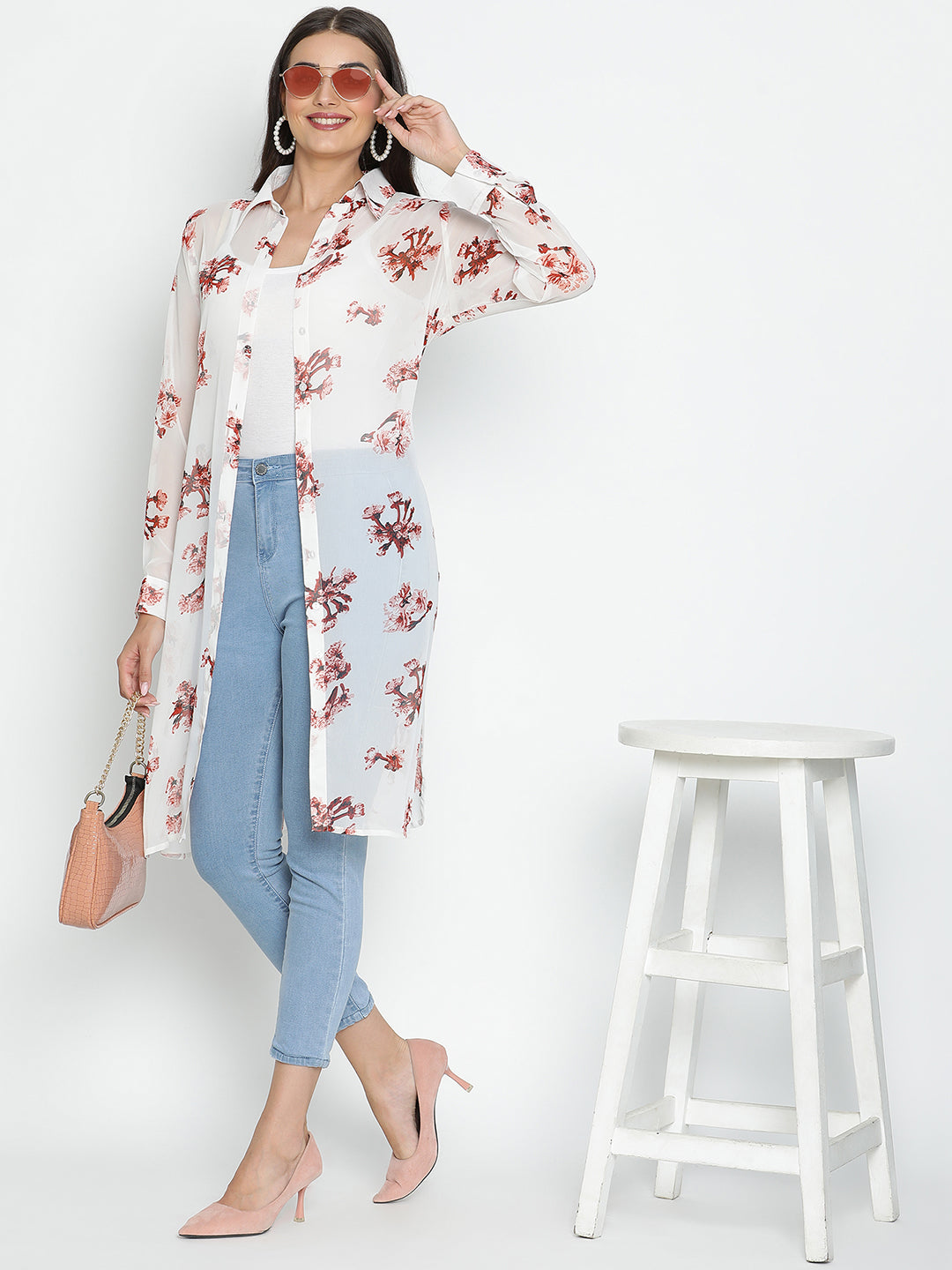DRAAX FASHIONS Womens White Floral Long Shrug