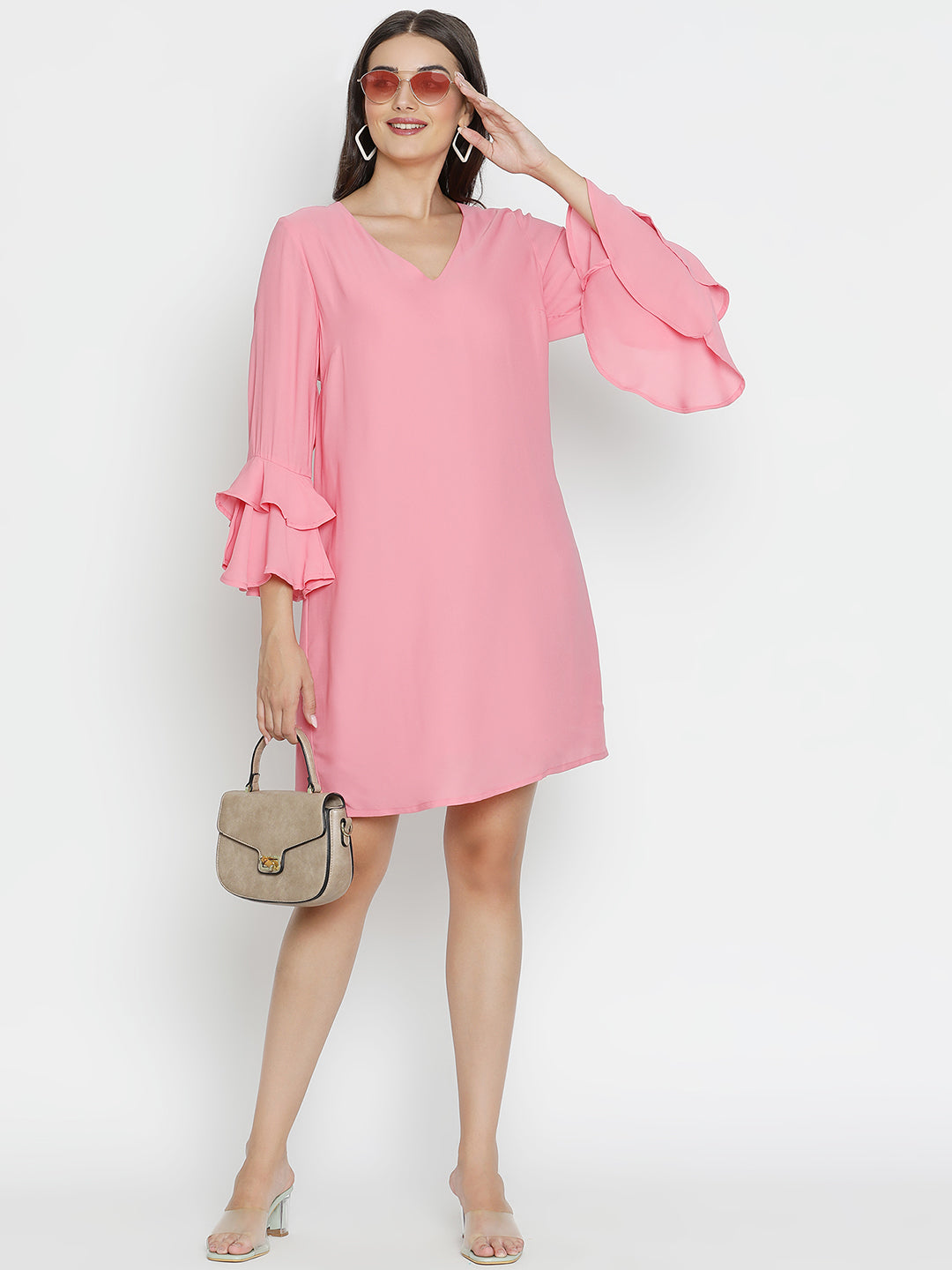 DRAAX FASHIONS Womens Full Sleeves V-Neck Pink Dress