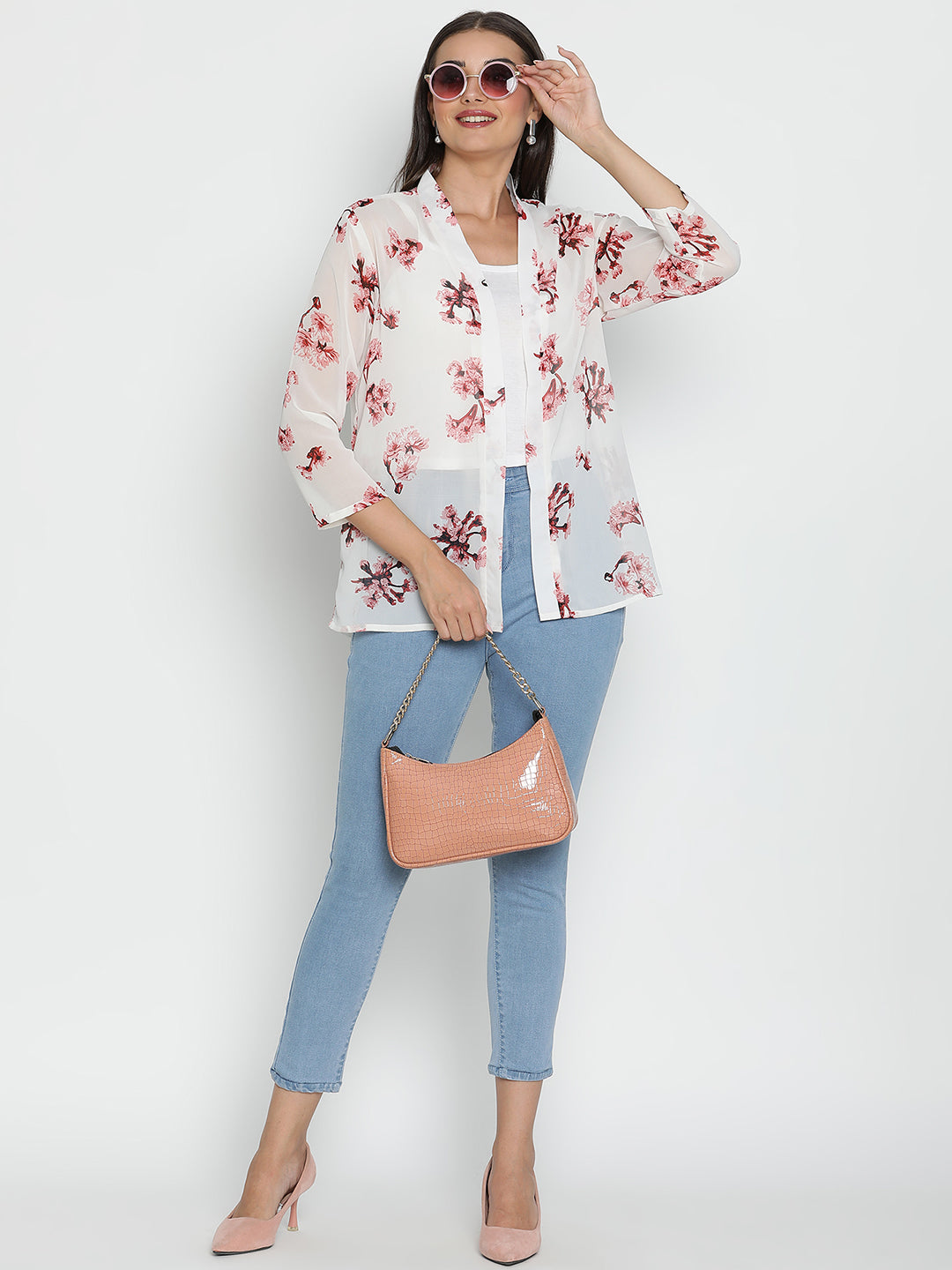 DRAAX FASHIONS Womens White Floral Full Sleeves Long Shrug