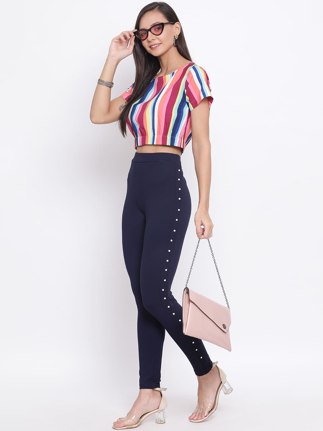 Crop Top,Multicolor Top,Crop Top,Round Neck Top,Short Sleeves Top,Multi Striped Top