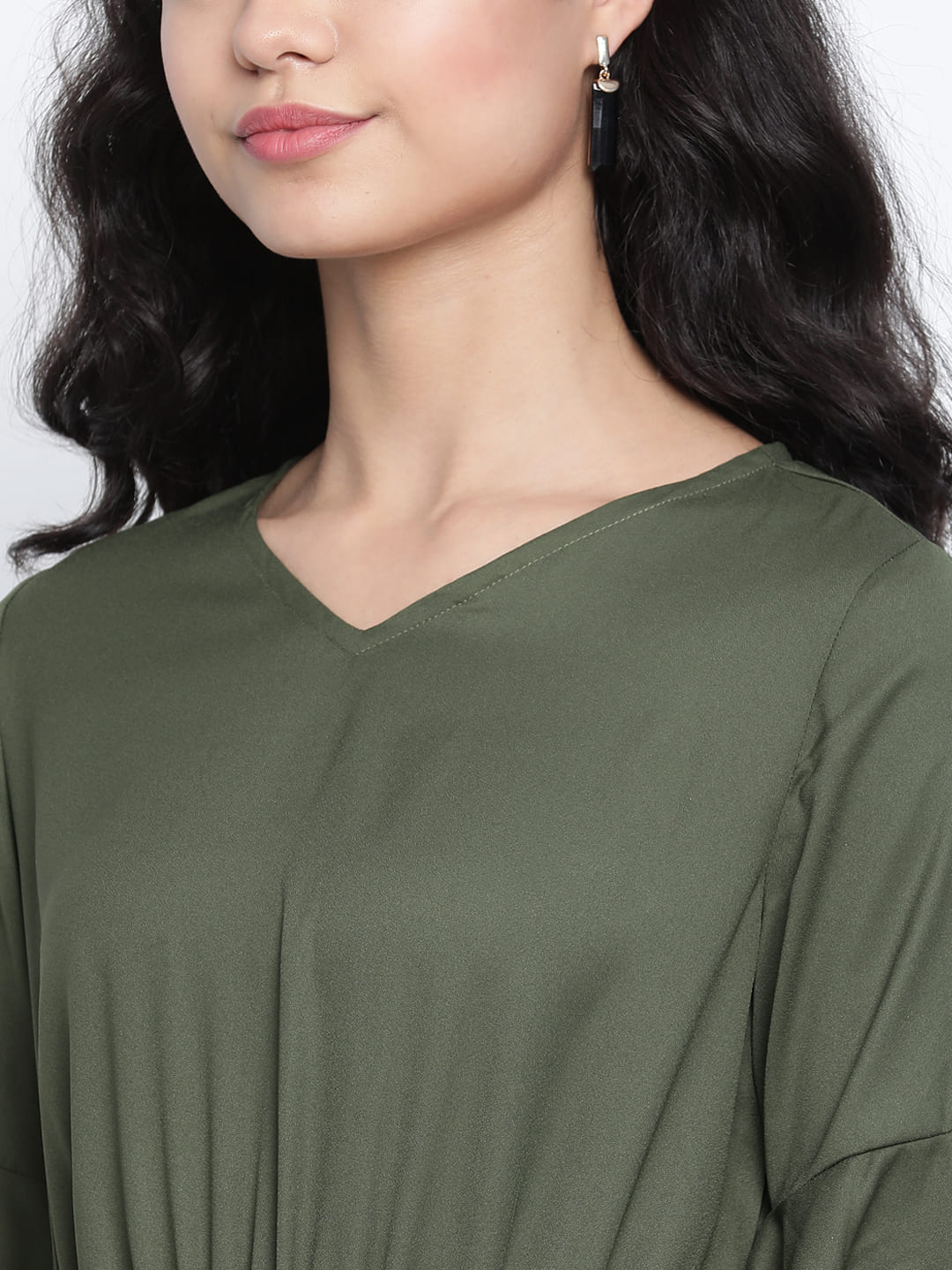 Knee Length,Green Dress,Knee Length Dress,V-Neck Dress,Quater Sleeves Dress,Green Solid Dress