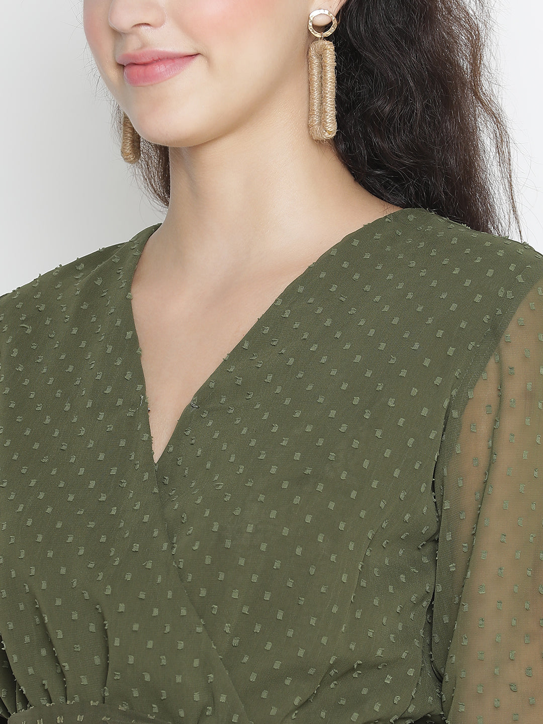 Knee Length,Green Dress,Knee Length Dress,V-Neck Dress,Full Sleeves Dress,Green Solid Dress