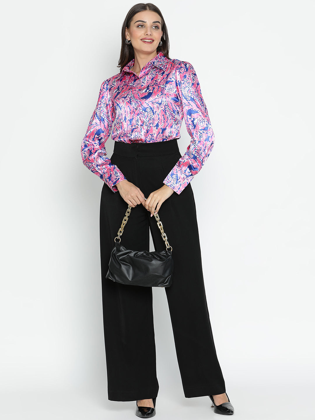 DRAAX FASHIONS Womens Satin Pink Printed Full Sleeves Shirt Style Top