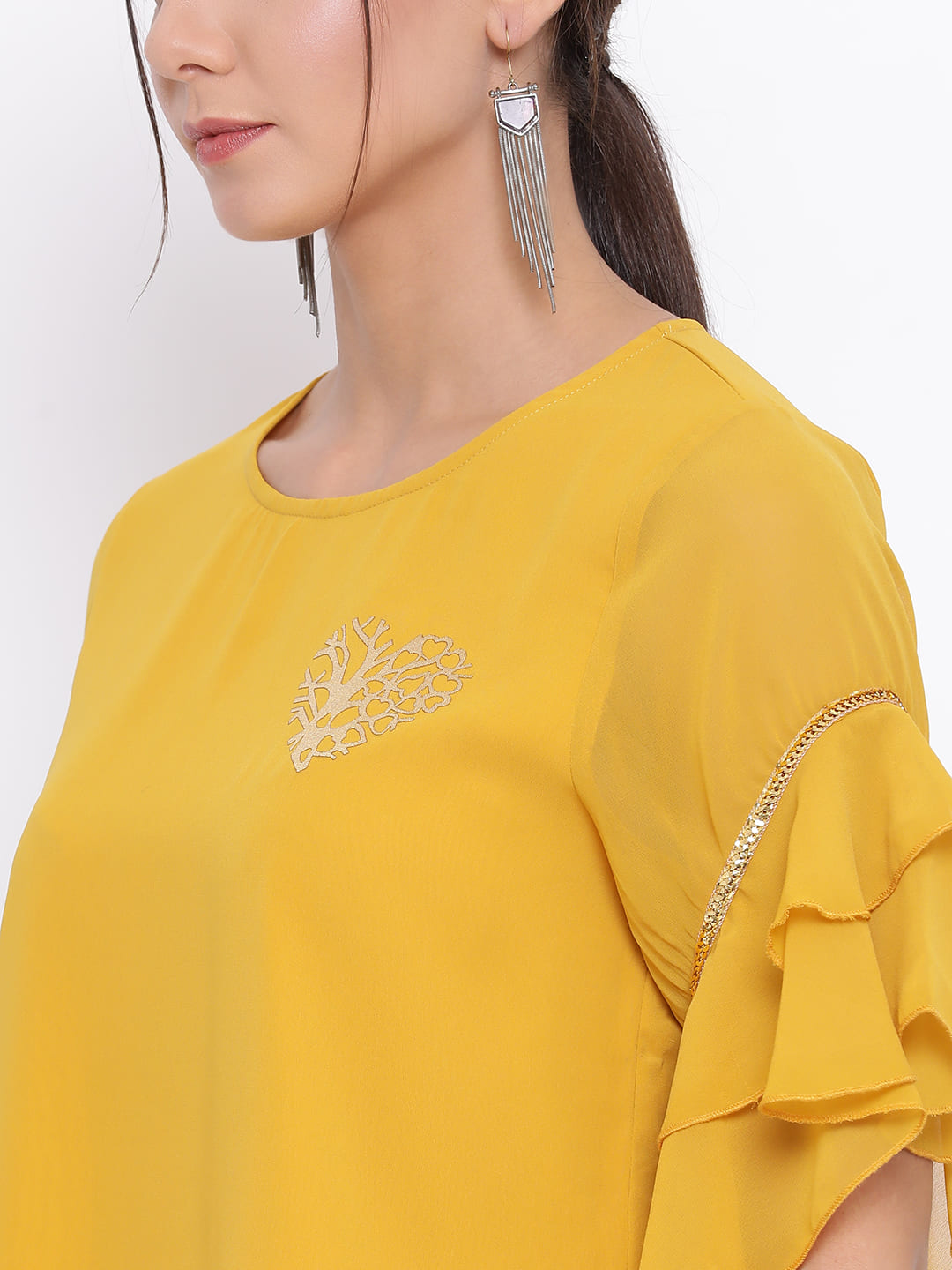 Regular,Yellow Top,Regular Top,Round Neck Top,Short Sleeves Top,Yellow Embellished Top