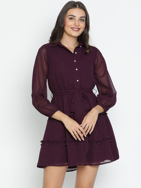 DRAAX FASHIONS Womens Collared Full Sleeves Magenta Knee Length Dress