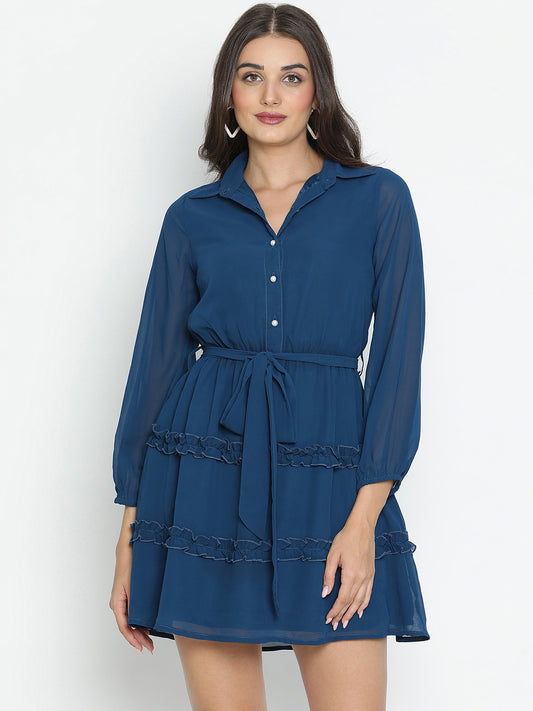 DRAAX FASHIONS Womens Collared Full Sleeve Blue Knee Length Dress