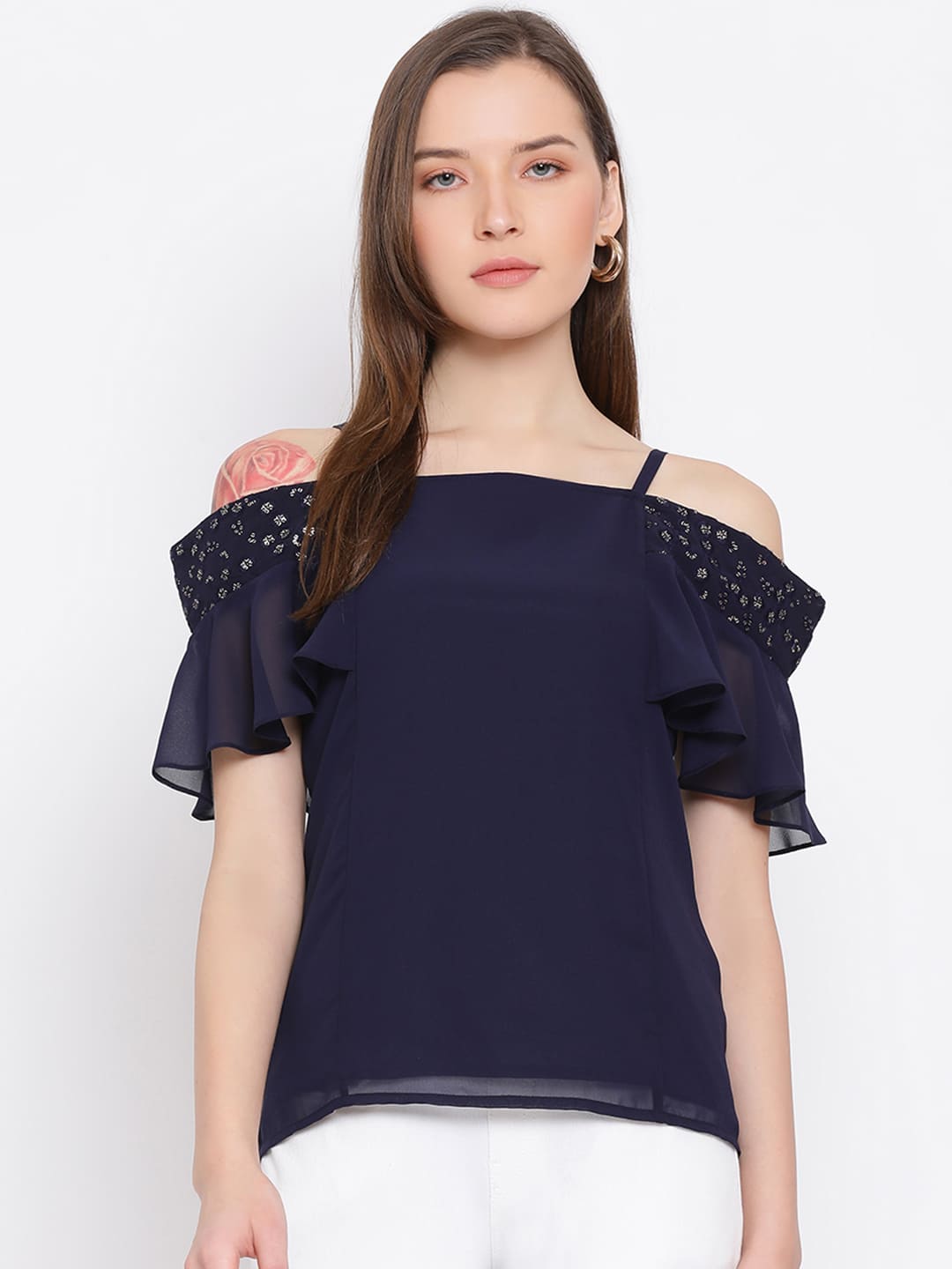 Regular,Blue Top,Regular Top,Off Shoulder Top,Sleeveless Top,Blue Solid Top