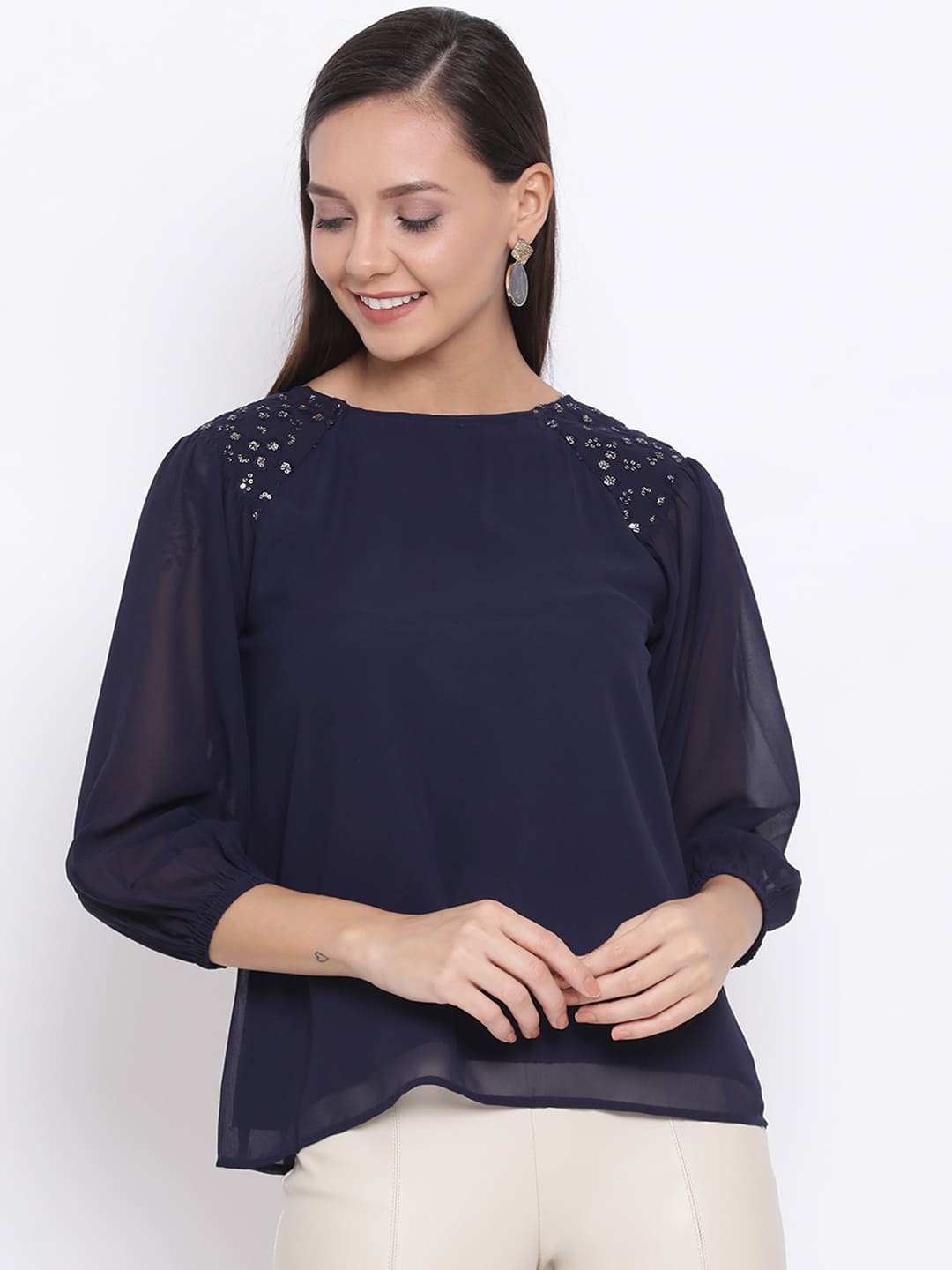 Regular,Blue Top,Regular Top,Round Neck Top,Quater Sleeves Top,Blue Solid Top