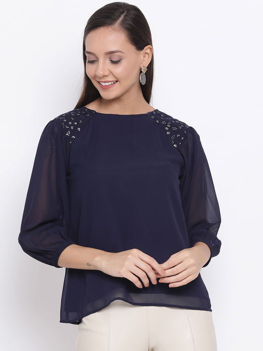 Regular,Blue Top,Regular Top,Round Neck Top,Quater Sleeves Top,Blue Solid Top