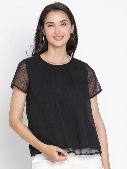 Regular,Black Top,Regular Top,Round Neck Top,Short Sleeves Top,Black Solid Top