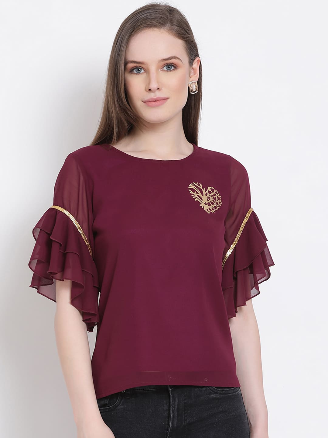 Regular,Maroon Top,Regular Top,Round Neck Top,Quater Sleeves Top,Maroon Embellished Top