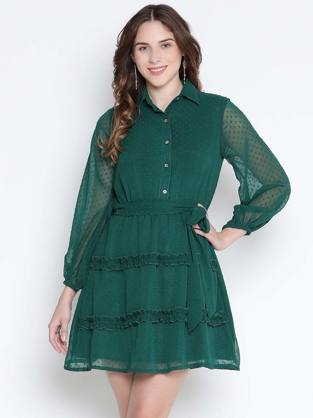 Knee Length,Green Dress,Knee Length Dress,Collared Neck Dress,Full Sleeves Dress,Green Solid Dress