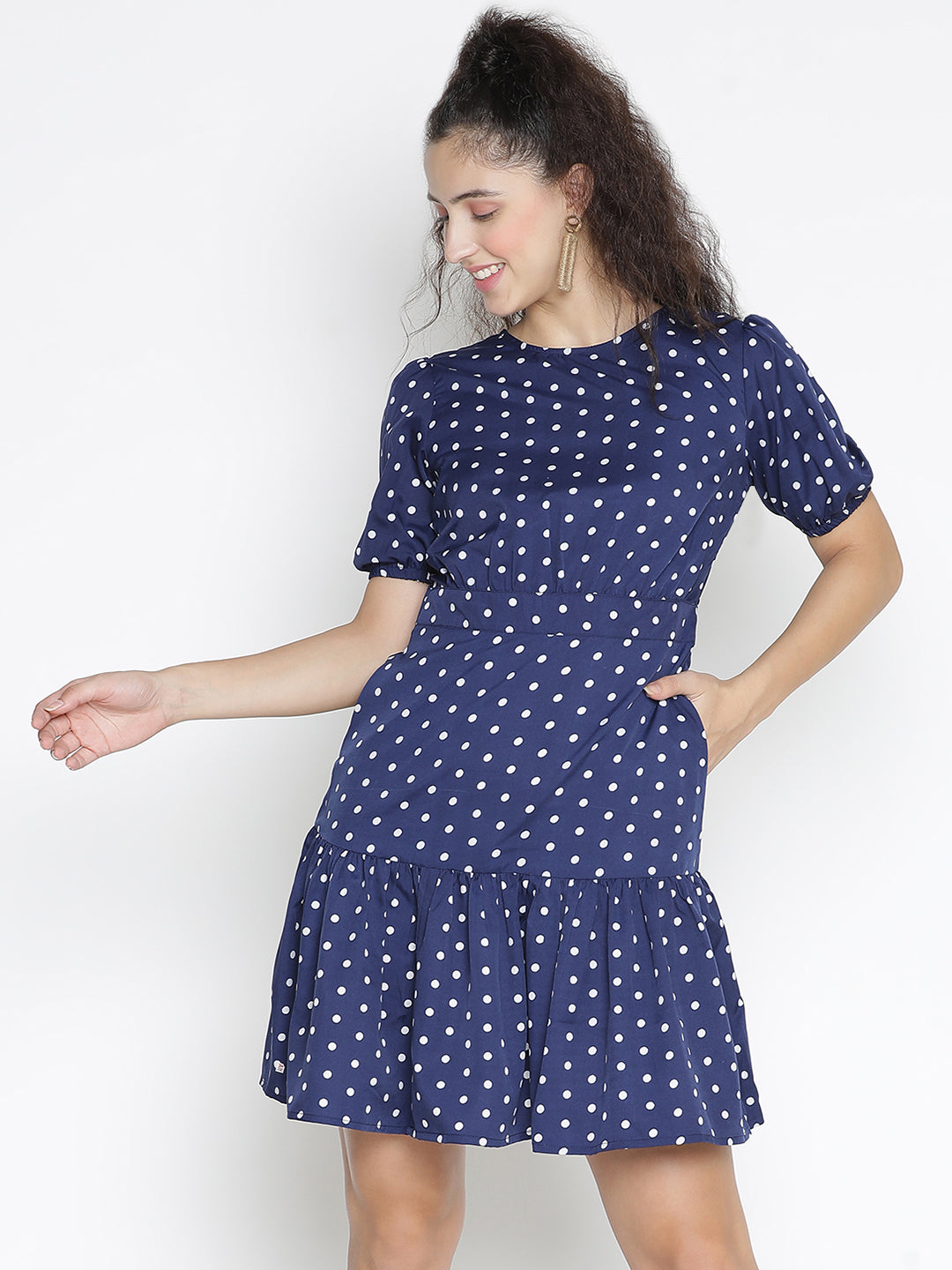 Knee Length,Blue Dress,Knee Length Dress,Round Neck Dress,Short Sleeves Dress,Blue Polka Dot Dress