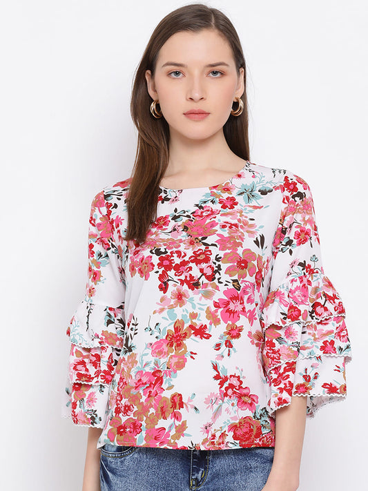 Regular,Multicolor Top,Regular Top,Round Neck Top,Quater Sleeves Top,Multi Floral Print Top