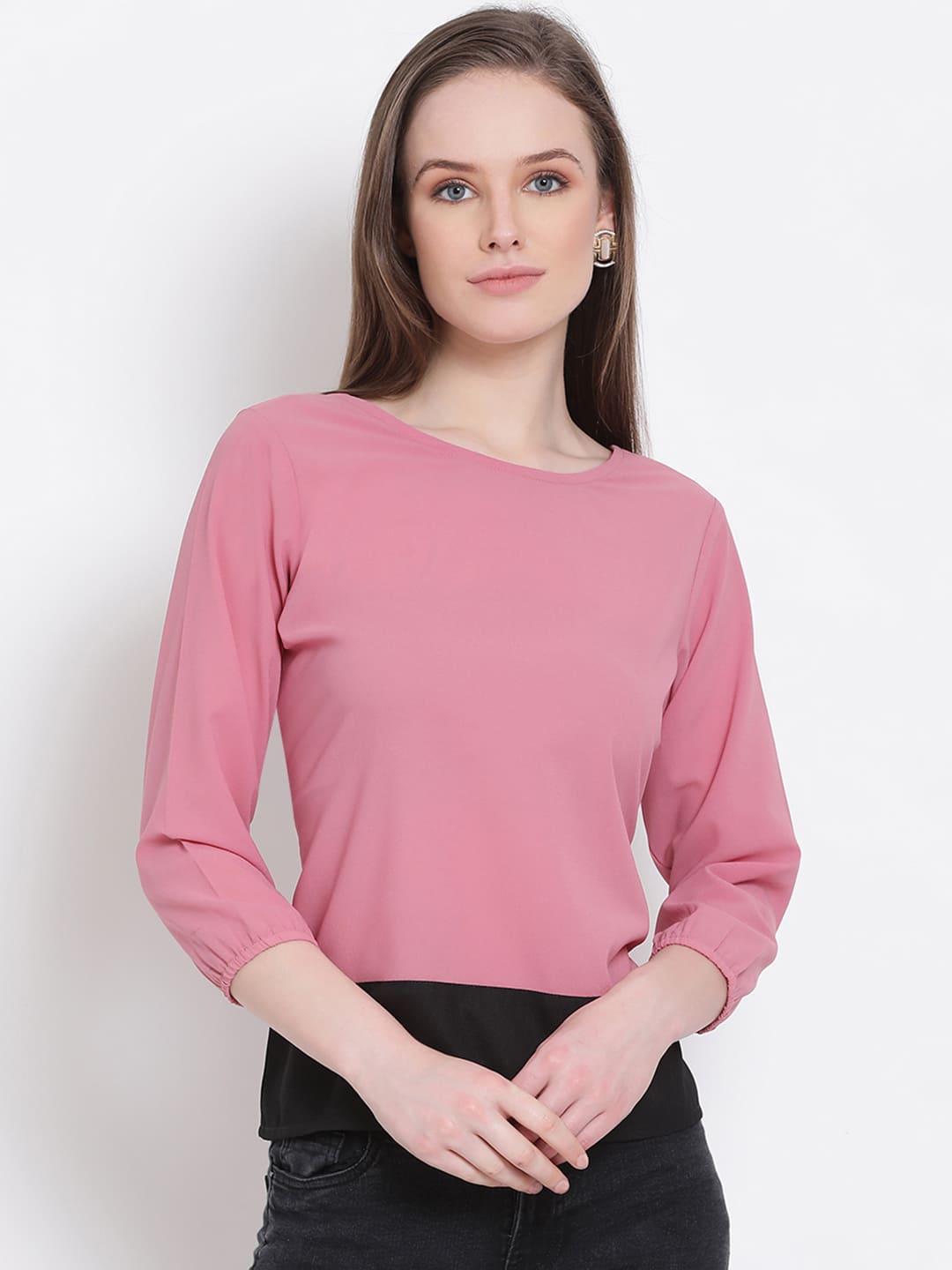 Crop Top,Pink Top,Crop Top,Round Neck Top,Quater Sleeves Top,Pink Solid Top