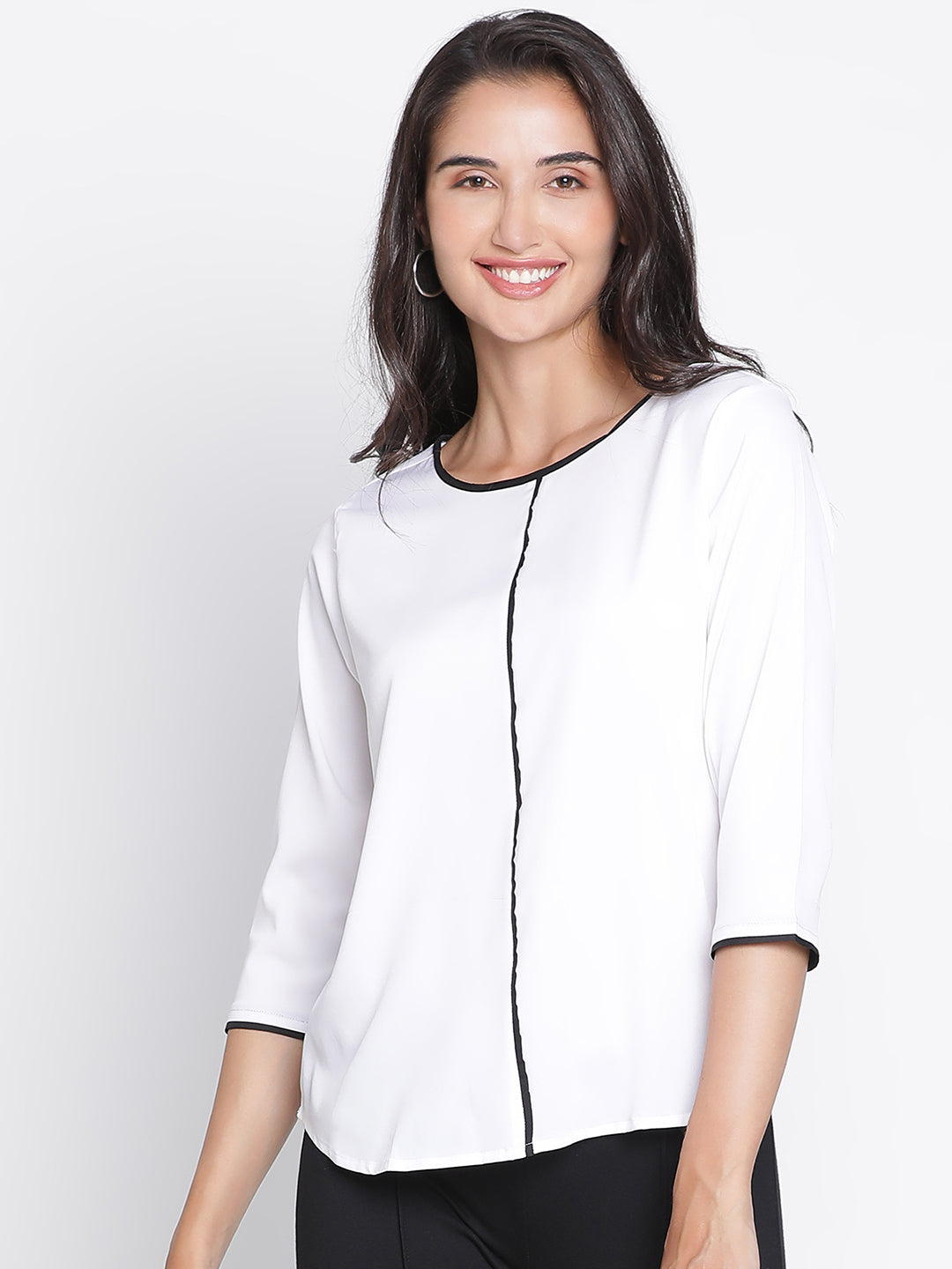 Regular,White Top,Regular Top,Round Neck Top,Quater Sleeves Top,White Solid Top