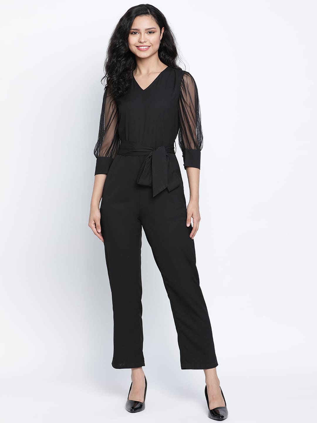 Ankle Length,Black Jumpsuit,Ankle Length Jumpsuit,V-Neck Jumpsuit,Quater Sleeves Jumpsuit,Black Solid Jumpsuit