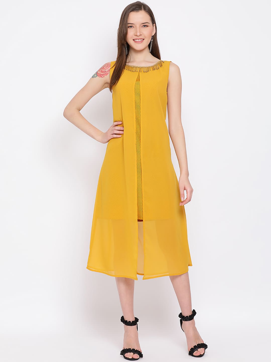 Midi,Yellow Dress,Midi Dress,Round Neck Dress,Sleeveless Dress,Yellow Solid Dress