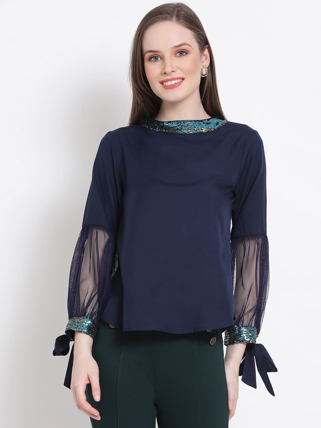 Regular,Blue Top,Regular Top,Round Neck Top,Full Sleeves Top,Blue Solid Top