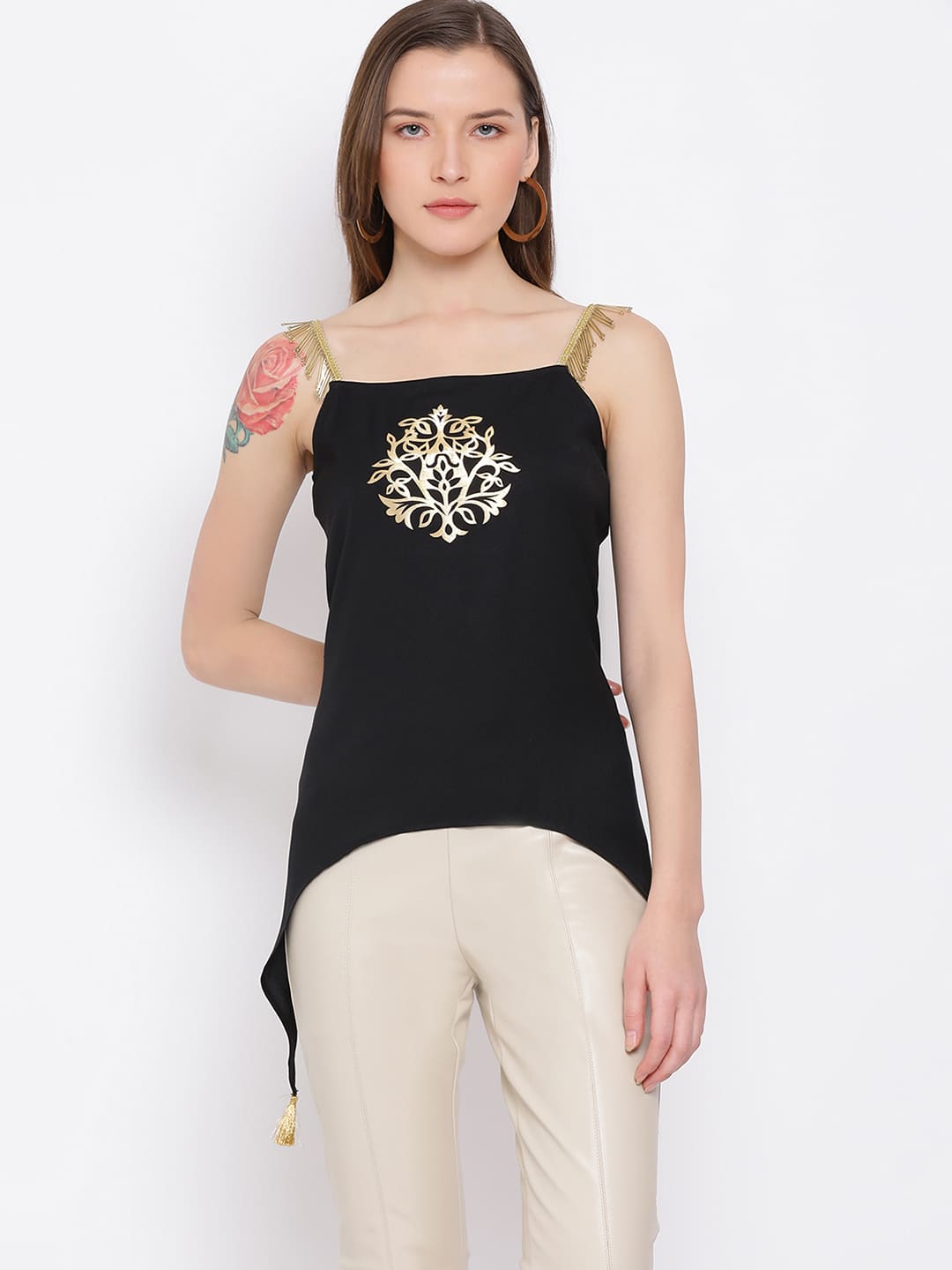 Spaghetti Top,Black Top,Spaghetti Top,Round Neck Top,Sleeveless Top,Black Embellished Top