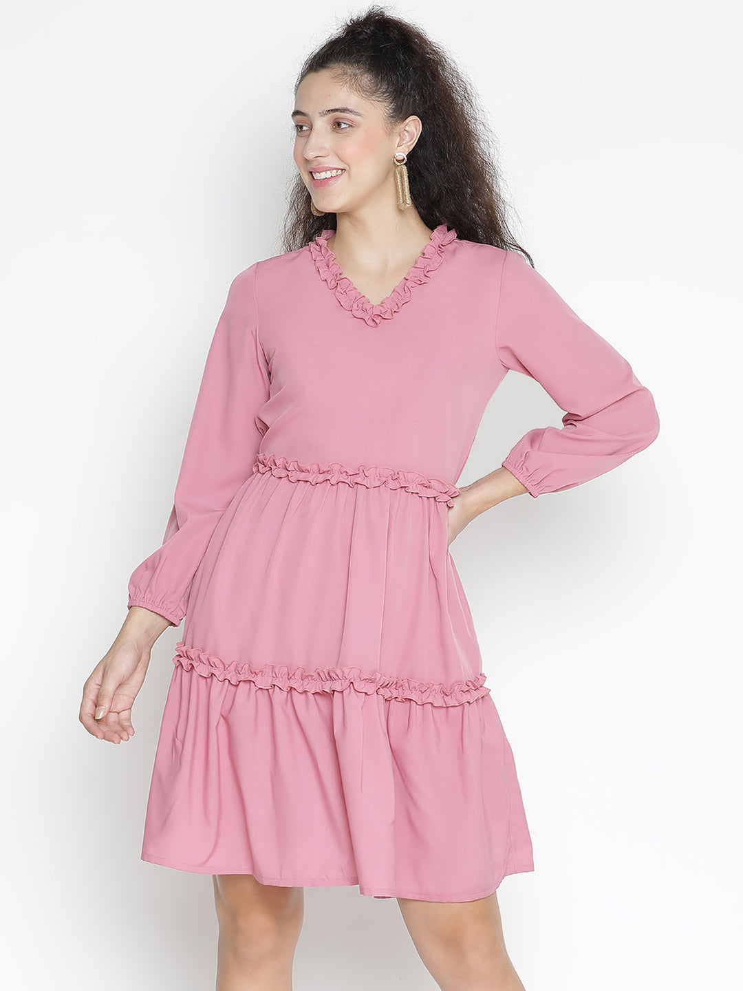 Knee Length,Pink Dress,Knee Length Dress,V-Neck Dress,Quater Sleeves Dress,Pink Solid Dress