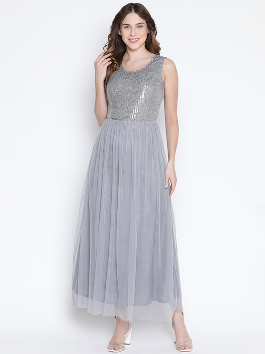 Maxi,Grey Dress,Maxi Dress,Round Neck Dress,Quater Sleeves Dress,Grey Sequined Dress