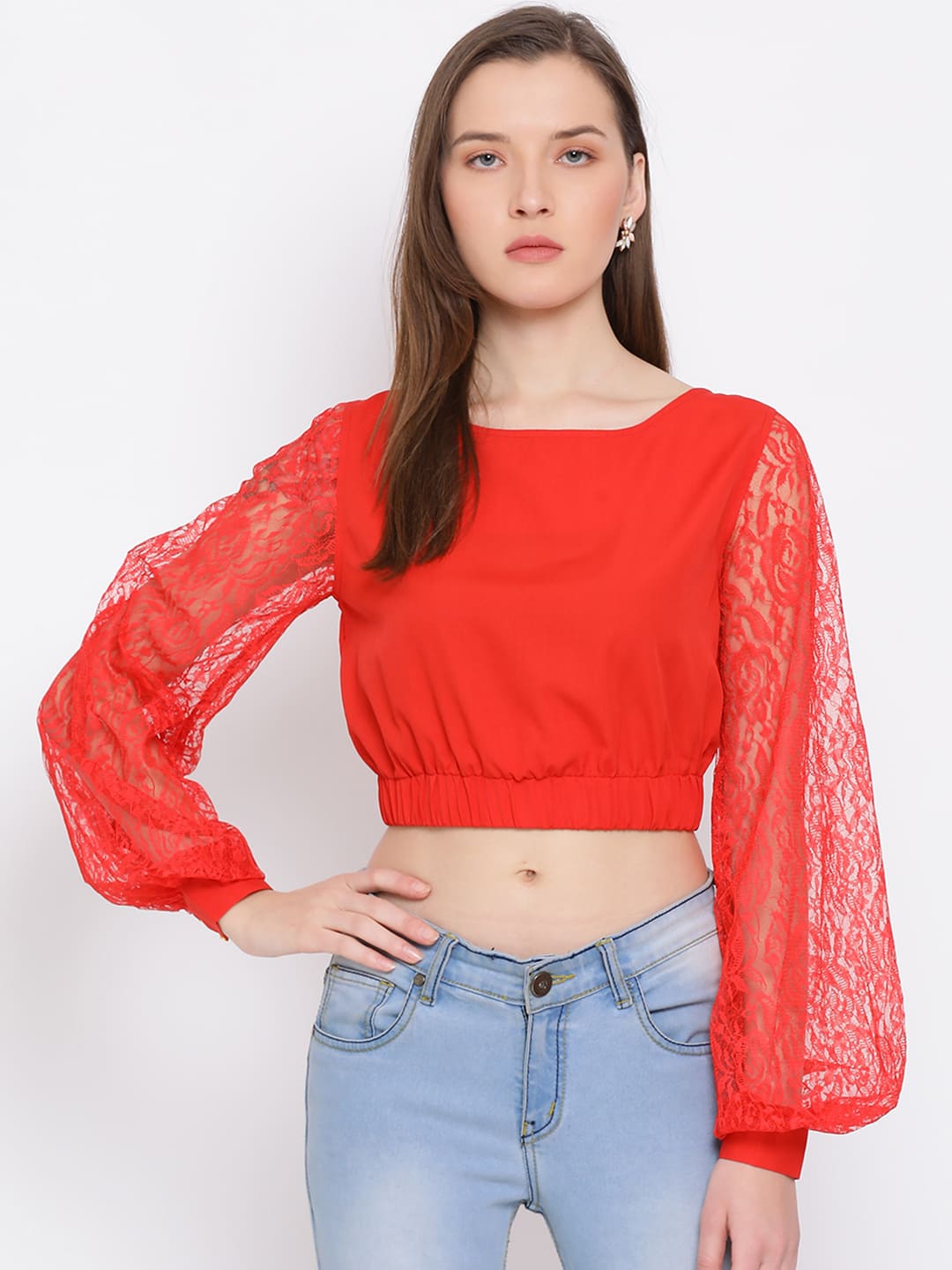 Crop Top,Red Top,Crop Top,Round Neck Top,Full Sleeves Top,Red Solid Top