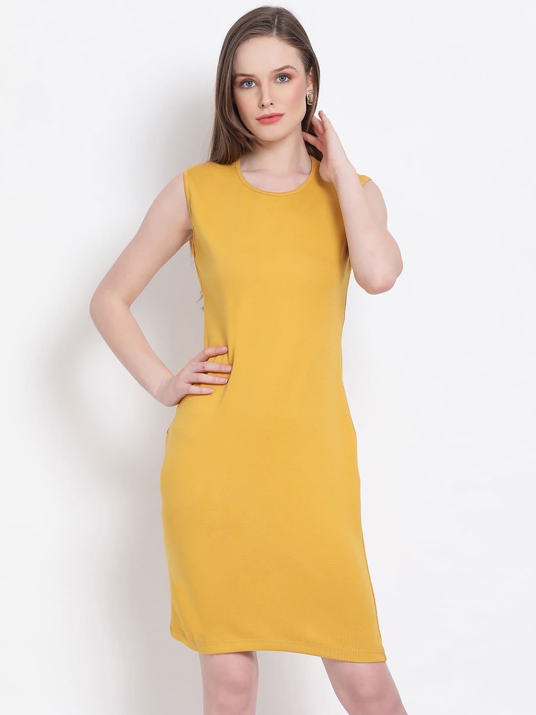 Knee Length,Yellow Dress,Knee Length Dress,Round Neck Dress,Sleeveless Dress,Yellow Solid Dress