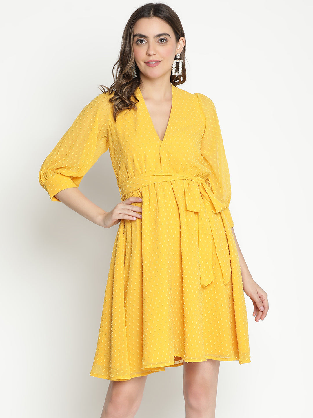 Knee Length,Yellow Dress,Knee Length Dress,V-Neck Dress,Quater Sleeves Dress,Yellow Solid Dress