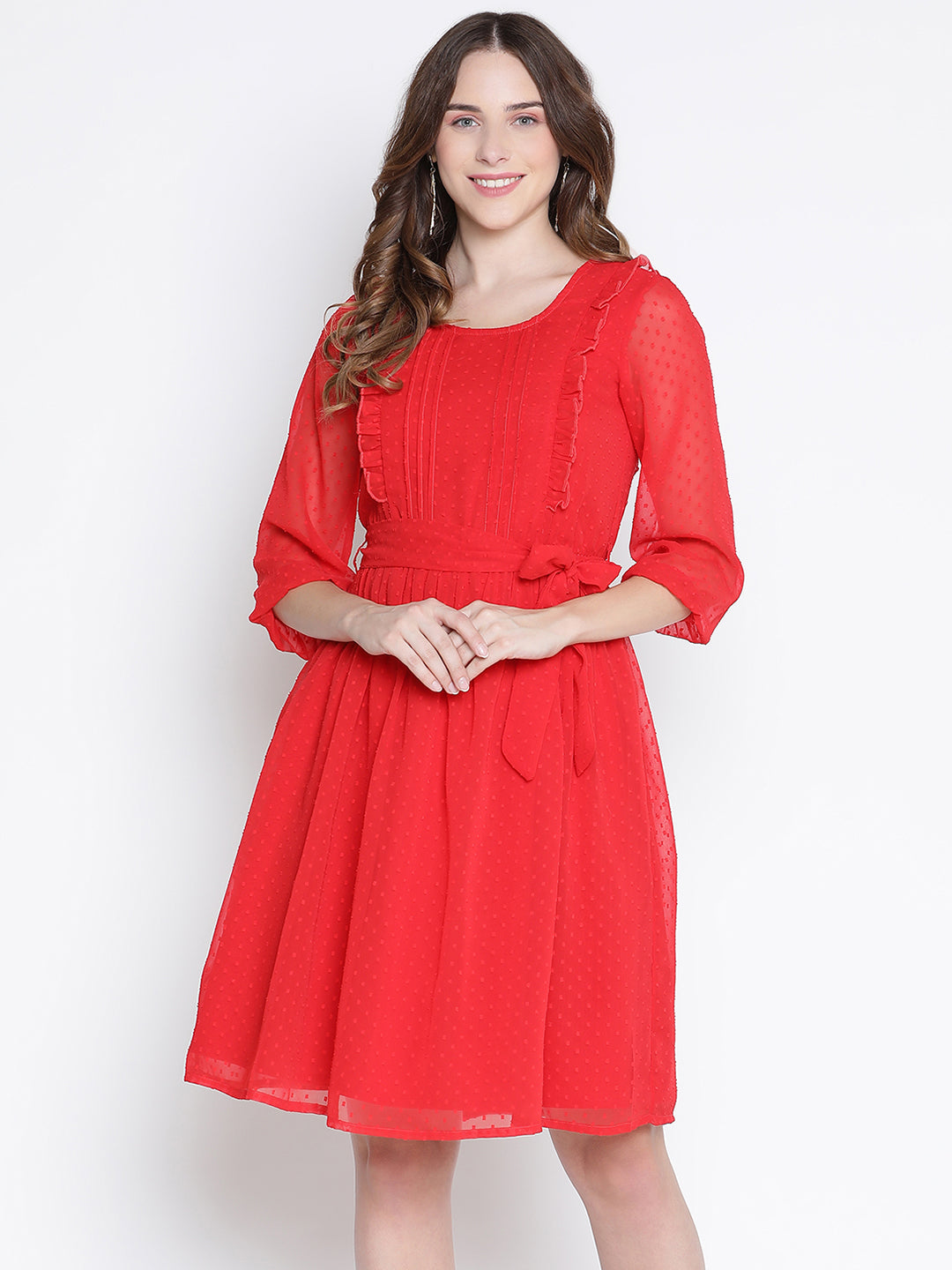 Knee Length,Red Dress,Knee Length Dress,Round Neck Dress,Quater Sleeves Dress,Red Solid Dress