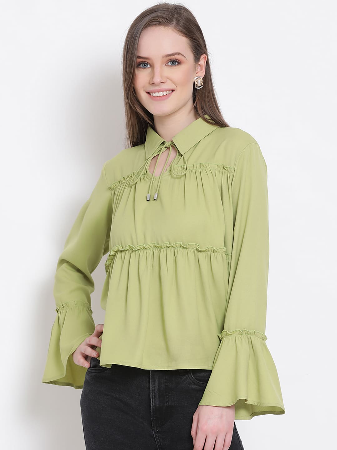 Regular,Green Top,Regular Top,Collared Neck Top,Full Sleeves Top,Green Solid Top