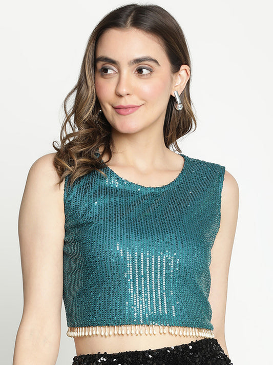 Crop Top,Blue Top,Crop Top,Round Neck Top,Sleeveless Top,Blue Sequined Top