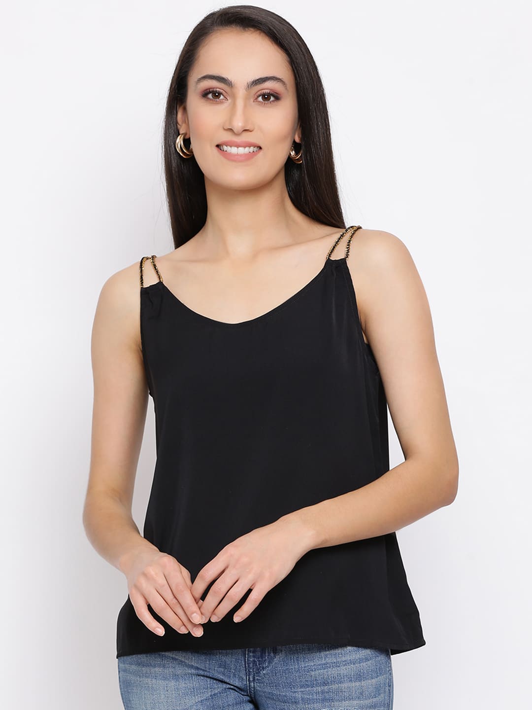 Spaghetti Top,Black Top,Spaghetti Top,Round Neck Top,Sleeveless Top,Black Solid Top