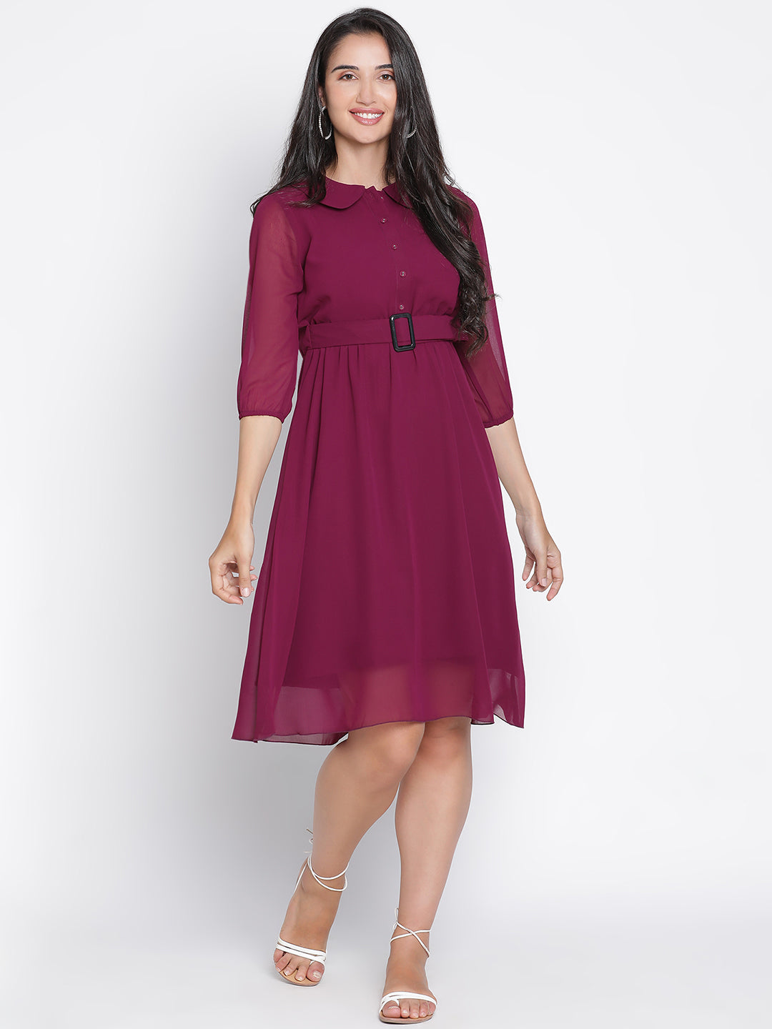 Knee Length,Maroon Dress,Knee Length Dress,Collared Neck Dress,Quater Sleeves Dress,Maroon Solid Dress