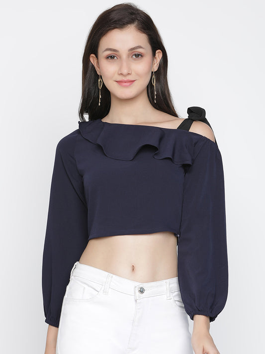 Crop Top,Blue Top,Crop Top,Cold Shoulder Top,Full Sleeves Top,Blue Solid Top