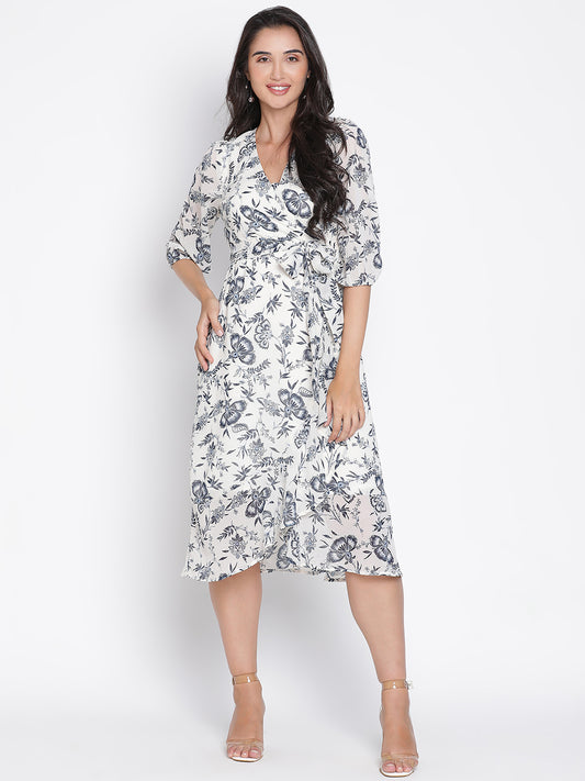 Knee Length,Multicolor Dress,Knee Length Dress,V-Neck Dress,Short Sleeves Dress,Multi Floral Print Dress