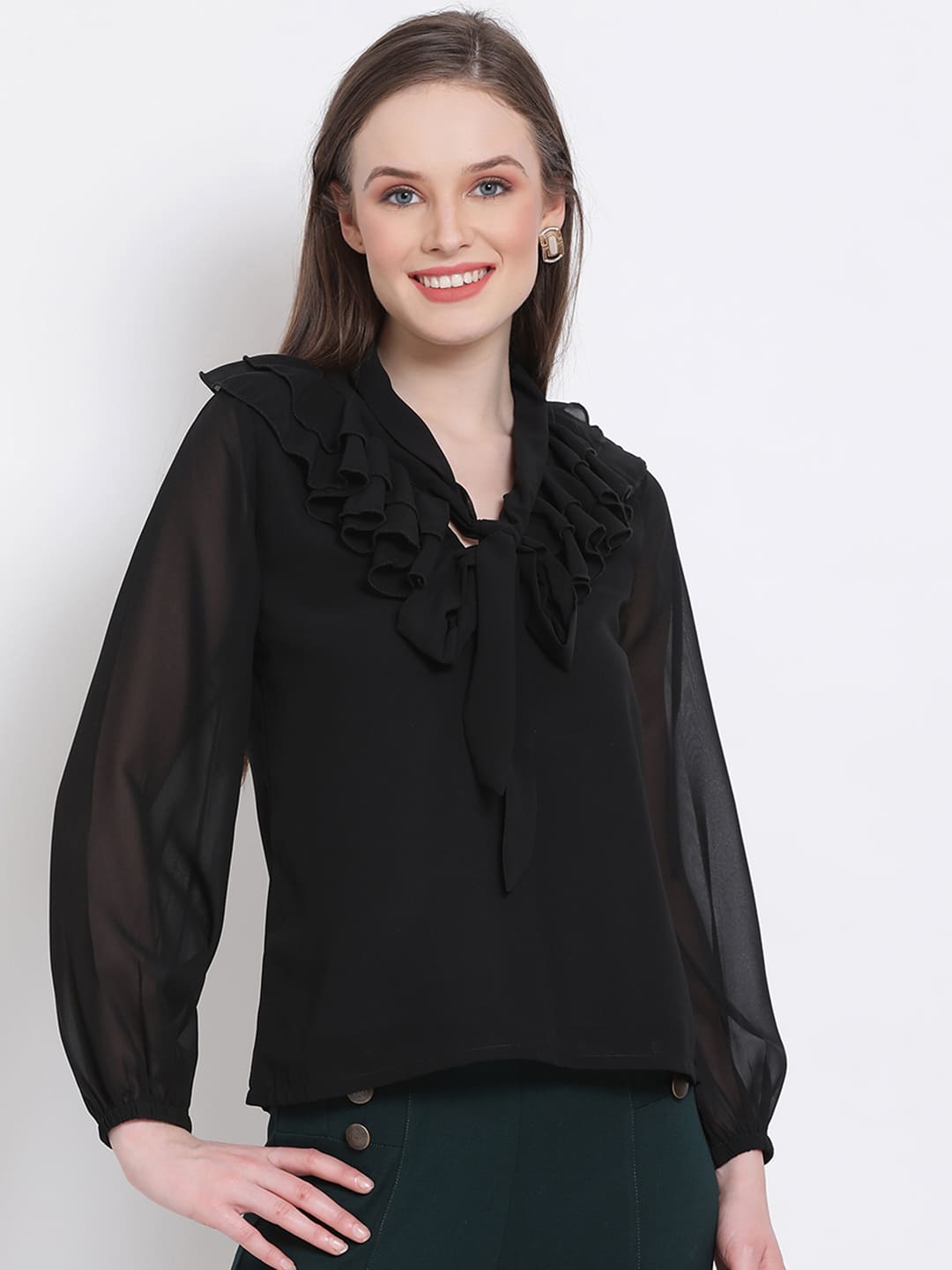 Regular,Black Top,Regular Top,V-Neck Top,Full Sleeves Top,Black Solid Top