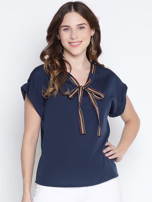 Regular,Blue Top,Regular Top,V-Neck Top,Short Sleeves Top,Blue Solid Top